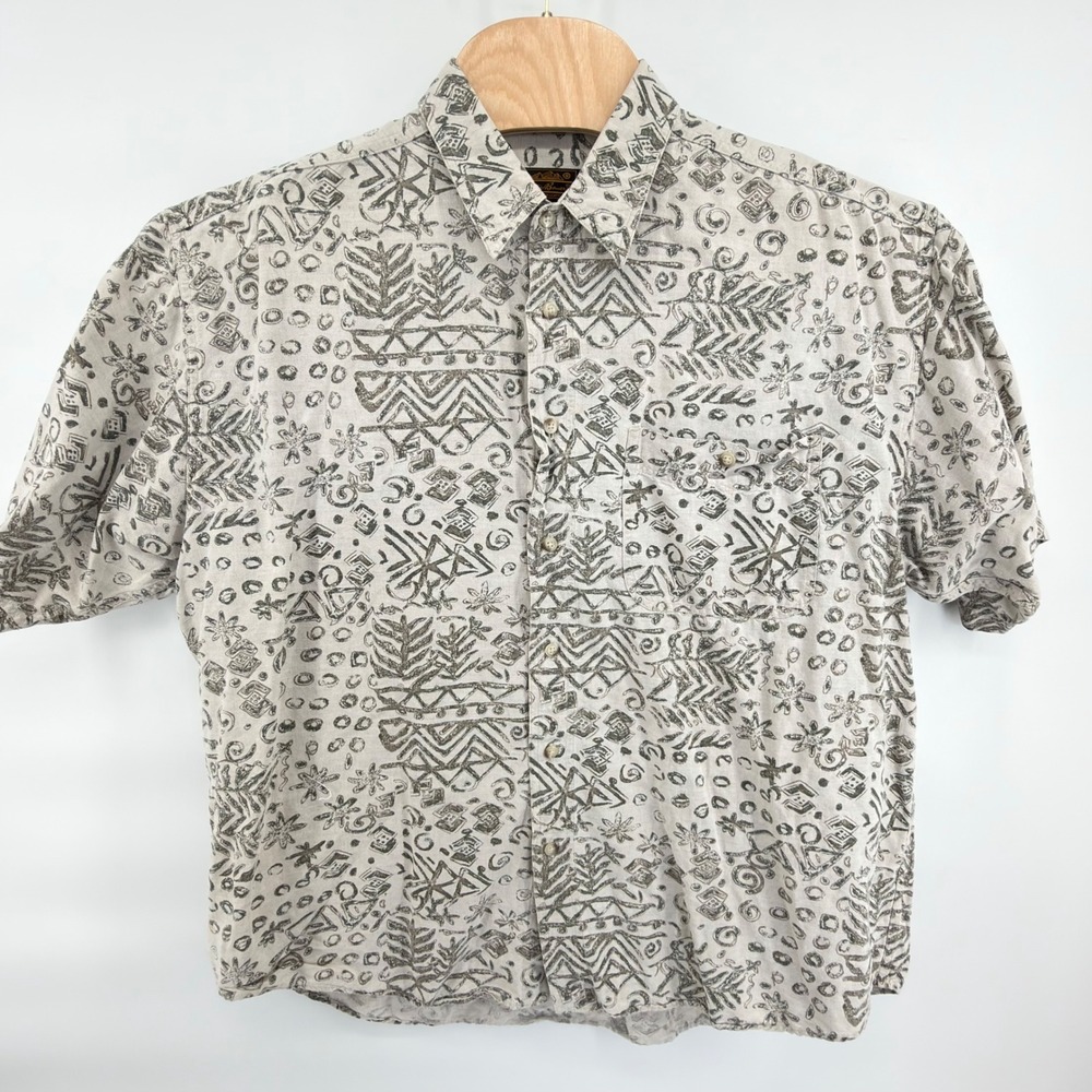 Vintage Eddie Bauer Mens XXL Linen Cotton Tribal Aztec Short Sleeve Shirt White